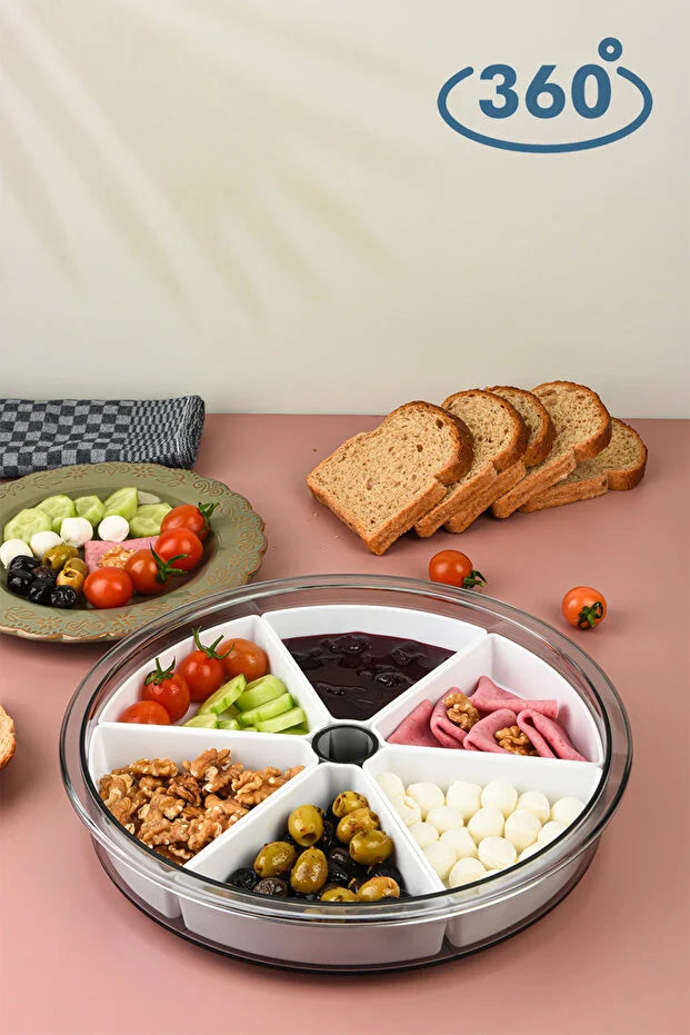 Large 6 Compartment 360 Rotating Breakfast Set Bowls Round Serving
