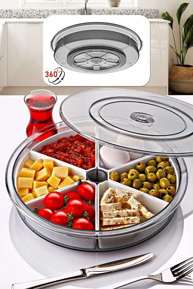 Large 6 Compartment 360 Rotating Breakfast Set Bowls Round Serving